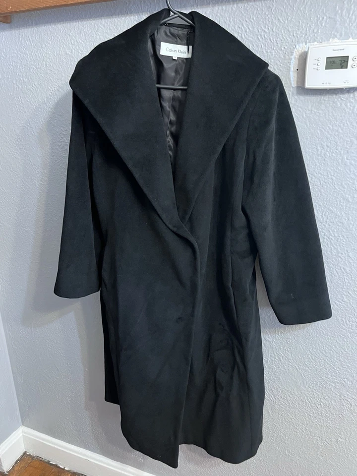 Calvin Klein Black Long Angora Wool Coat Size 14 Overcoat Womens - Image 1 of 4