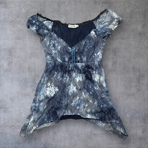 Y2K Mesh Top Blue Floral Fairycore Sheer Lace-Up Handkerchief Formula Jovan S - Picture 1 of 10