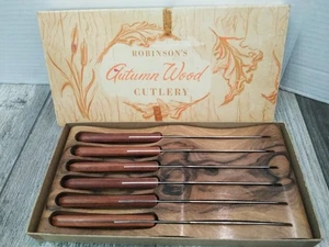 VTG. Robinson’s Autumn Wood Cutlery (6)Steak Knives w/ Tray & Box - Picture 1 of 7