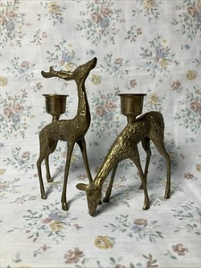 VTG Pair Brass Deer Buck/Doe Candle Stick Holder Christmas MCM CottageCore Decor - Picture 1 of 7