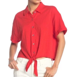 NEW NWT SPLENDID ANTHROPOLOGIE Tie Hem Button Down Top Red 100% Cotton Small S - Picture 1 of 11