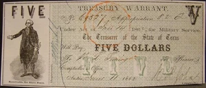1862 DATED $5.00 TEXAS TREASURY WARRANT FOR MILITARY SERVICE-CONFEDERATE STATES - Picture 1 of 2