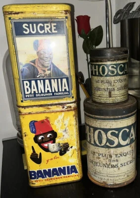 lot de 4 boites Tôle ancienne Pub banania Phoscao Chocolat vintage tole tin box - Photo 1/4