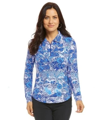 IBKUL Bamboo Garden Polo 上衣 XL XXL 蓝色长袖衬衫女式高尔夫 — 第 1/4 张图片