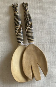 Giraffe Serving Salad Tongs Hand Carved Wood Animal Print 11" Large Fork/Spoon - Picture 1 of 3