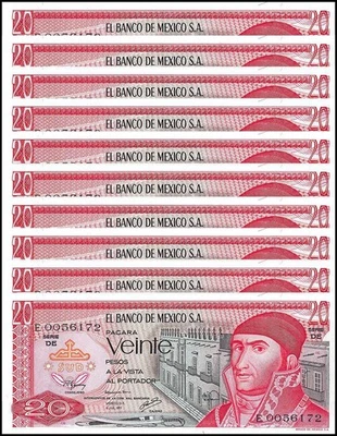 Mexico 20 Pesos, 1977, P-64d, UNC Signature And Series Vary X 10 PCS — 第 1/2 张图片