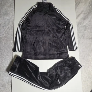 Adidas Men's Velour Sweatsuit Tracksuit Black Velvet Sweatsuit Set Size L NWT - Picture 1 of 11