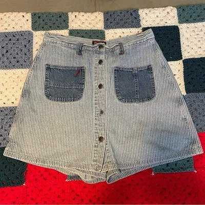 90s Faded Glory High Waist Denim Skort Size 13/14 Blue Engineer Stripe Shorts - Image 1 of 4