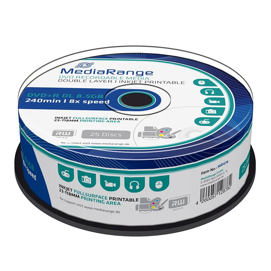 MediaRange MR474 - 25 DVD+R Double Layer Fullsurface Printable 8,5GB 8X