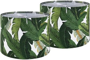 Set of 2 Tropical Lamp Shades - Natural Linen Drum Lampshades with Greenery L... - Picture 1 of 9