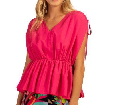 全新带标签 - Trina Turk 'Floral' V 领抽绳肩上衣,Azalea - 大号 — 第 1/2 张图片