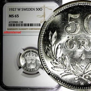 SWEDEN Gustaf V Silver 1927 W 50 Ore NGC MS65 BU SCARCE KM# 788 (138) - Picture 1 of 4