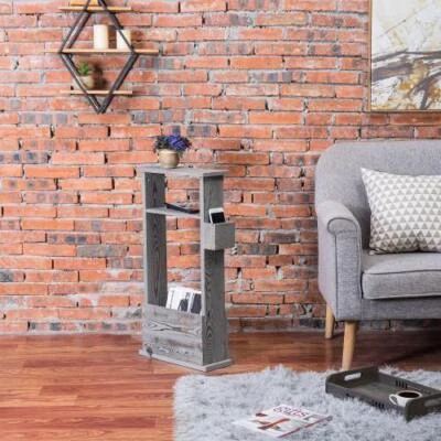 2 Tier Grey Wood Side Table w/ Magazine Holder, Free Standing Side Table - Image 1 of 4