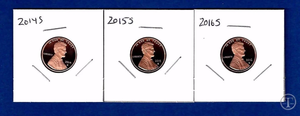 2014 S 2015 S AND 2016 S Lincoln Cents Penny-Gem Proof-THREE Proof Pennies - Image 1 of 1