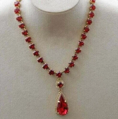 Attractive Pear Cut Red Lab Created Garnet Women's Choker Handmade 18 " Necklace - Image 1 of 4
