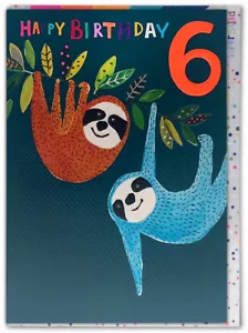 Age 6 Cute Sloths Childrens 6th Birthday Greetings Card Kids Illustration - Picture 1 of 2