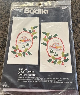 Bucilla Crewel Kit Christmas Guest Towels Stamped Embroidery 48655  Cameo Scenes - Image 1 of 3