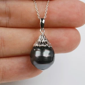 13.8mm Black Tahitian Saltwater Pearl Pendant Necklace Sterling Silver, 18" - Picture 1 of 6