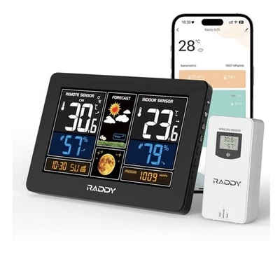 Raddy N75 WiFi Weather Station Date Humidity, Temp, 7.5 LCD Indoor/Outdoor NEW - Image 1 of 4