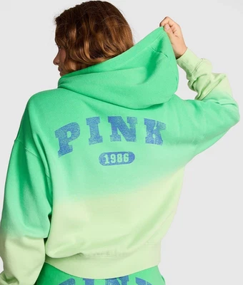VICTORIA'S SECRET PINK IVY FLEECE Full-Zip Hoodie Pale Petal Green Dip Dye L NEW - Image 1 of 4