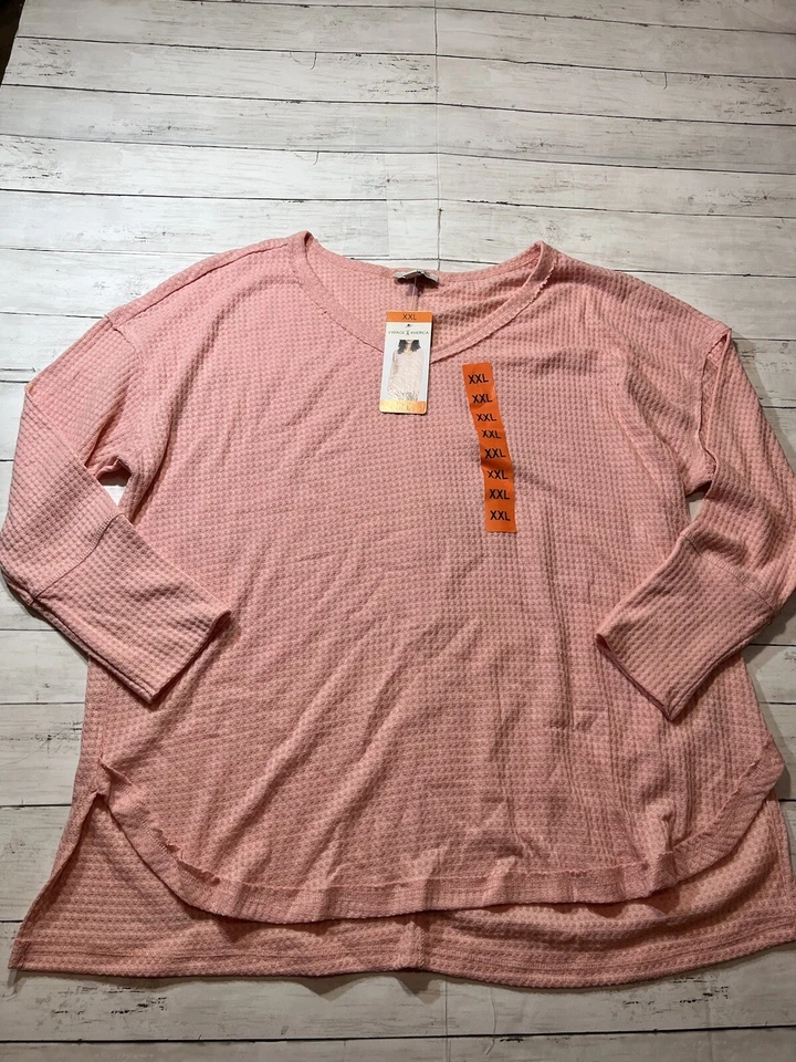 Vintage America Women's Thermal V Neck Knit Top Peachy Pink XXL 2xl