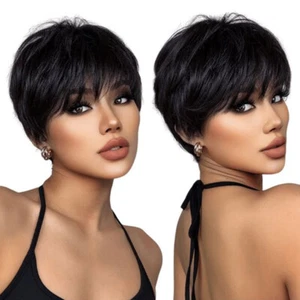 Black Straight Pixie Short Brazilian Human Hair Wig With Bangs Glueless Fashion - Picture 1 of 14
