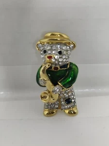 Rhinestone Teddy Bear Saxophone Musician Brooch Pin .75" x 1.75" - Picture 1 of 13
