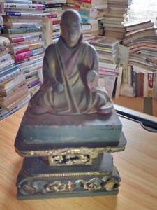 NICHIREN MONK Buddha Wooden Statue 8.6 inch 19TH C EDO Japanese Antique Figurine