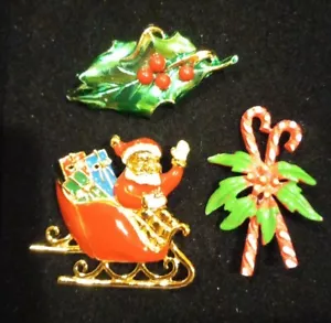 Set of 3 Christmas Themed Brooches Enamel on Goldtone Metal - Santa, Holly, Cane - Picture 1 of 9