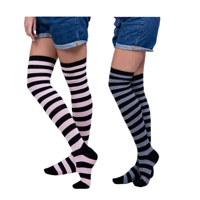 2 Pairs Women Girl School Striped Thigh High Long Socks Over The Knees Stockings - Image 1 of 4