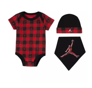 3 Piece Jordan Baby Boys Gift Set 6-12 Months Bodysuit Beanie Bandana Red Black - Picture 1 of 6