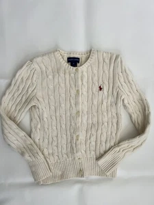 Ralph Lauren Cable Knit Cardigan Kids Red Logo Size 6 Ivory Clean Girl Luxury - Picture 1 of 6