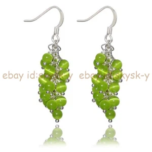 6mm Multicolor Opal Cat's Eye Gemstone Round Beads Grape Dangle Hook Earrings - Picture 1 of 21