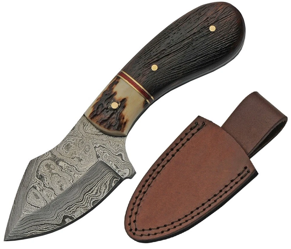 Damascus Skinner Jigged Wood/stag Fixed Blade Knife W/ Leather Sheath 1229