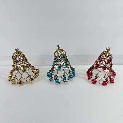 Antigo Natal Mercúrio Vidro Bead Bell Ornamentos Malha de Arame Japão Lote De 3 MCM 50s - Imagem 1 de 4
