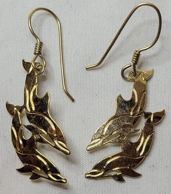 Pendientes de placa de oro 14K Wild Bryde Two Dolphin vintage para mujer Foto 1 de 4