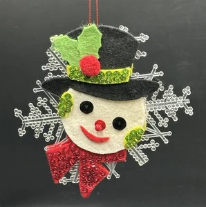 Vintage Perlen Pailletten gefilzt Schneemann Schneeflocke Weihnachtsschmuck Handarbeit 5" - Bild 1 von 5