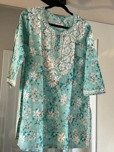 NEW Indian Women's Blue Floral Chikankari Short Kurti - Short Kurta - Cotton - Picture 1 of 4