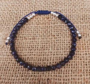 FACETED BLUE SANDSTONE & SILVER HEMATITE ADJUSTABLE GEMSTONE BEAD BRACELET - Picture 1 of 4