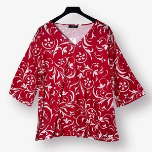 Bon Apple Tea Women's Plus Size 5X V-Neck Top Blouse Red & White 3/4 Sleeve - Picture 1 of 8