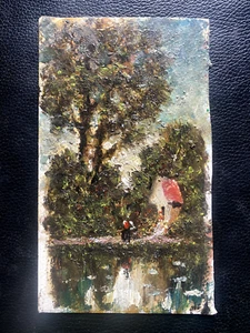 MARTERL OIL PAINTING IMPRESSIONIST MINIATURE ° GIRLS ANTIQUE UNSIGNED FOREST - Picture 1 of 3