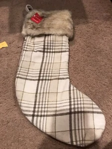 20" Plaid Christmas Holiday Stocking with Faux Fur Cuff Wondershop Target Tan - Picture 1 of 1