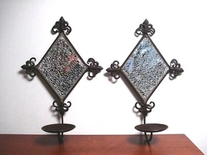 Vintage Wandbehang Mosaik verspiegelt Metall Wandleuchter Kerzenhalter Fleur de Lis - Bild 1 von 8