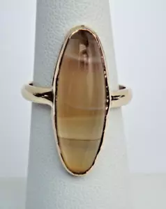 Anello Vintage Donna Oro 14K = Set Lunetta Allungata Marrone Chiaro Quarzo Colore Ambra - Foto 1 di 14