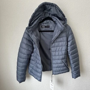 Zara Quilted Jacket With Removeable Hood, Zip Up Light Grey, Size L (Runs Small) - Picture 1 of 5