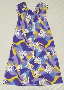 Maxi abito vintage Hilo Hattie hawaiano Muumuu maniche svolazzanti viola giallo taglia XL - Foto 1 di 7
