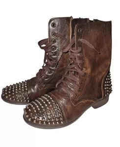 STEVE MADDEN TARNNEY BROWN LEATHER SPIKE STUDDED COMBAT BOOTS WOMENs Size 8 A9 - Picture 1 of 17