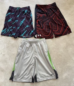 Lot Of 3 Under Armour Nike Boys Shorts Athletic Drawstring Large Grey Black Red - Picture 1 of 8