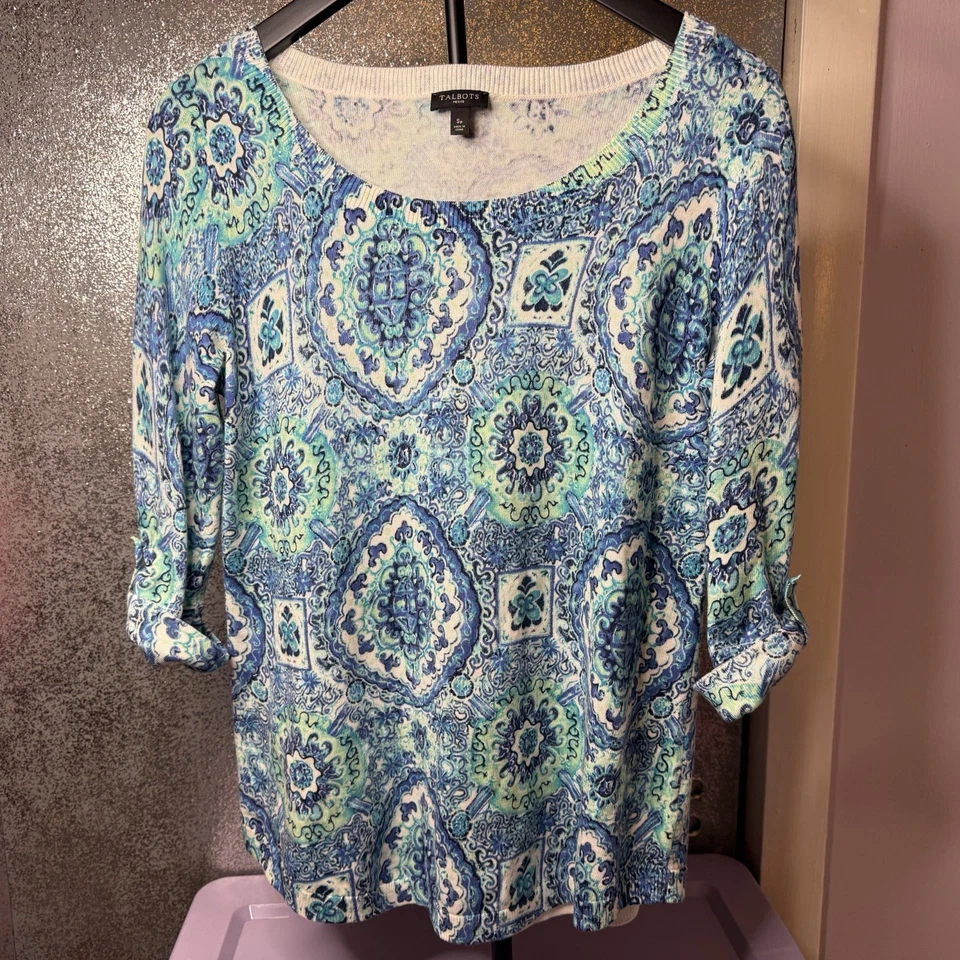 Blusa Talbots Feminina Azul Manga 3/4 Blusa Paisley Azul Tamanho Pequeno Pequena PS - Imagem 1 de 4