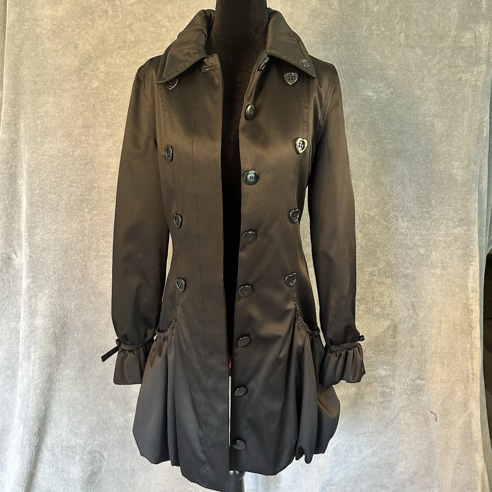 Betsey Johnson VTG Double-breasted Heart Buttons Ruffles Whimsical Black Coat S - Image 1 of 4